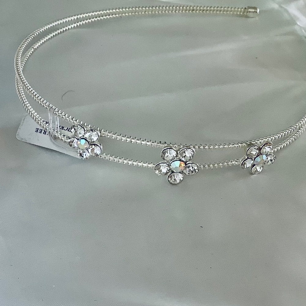 Elegant 3 Flower Crystal & Silver Rhinestone Headband NWT